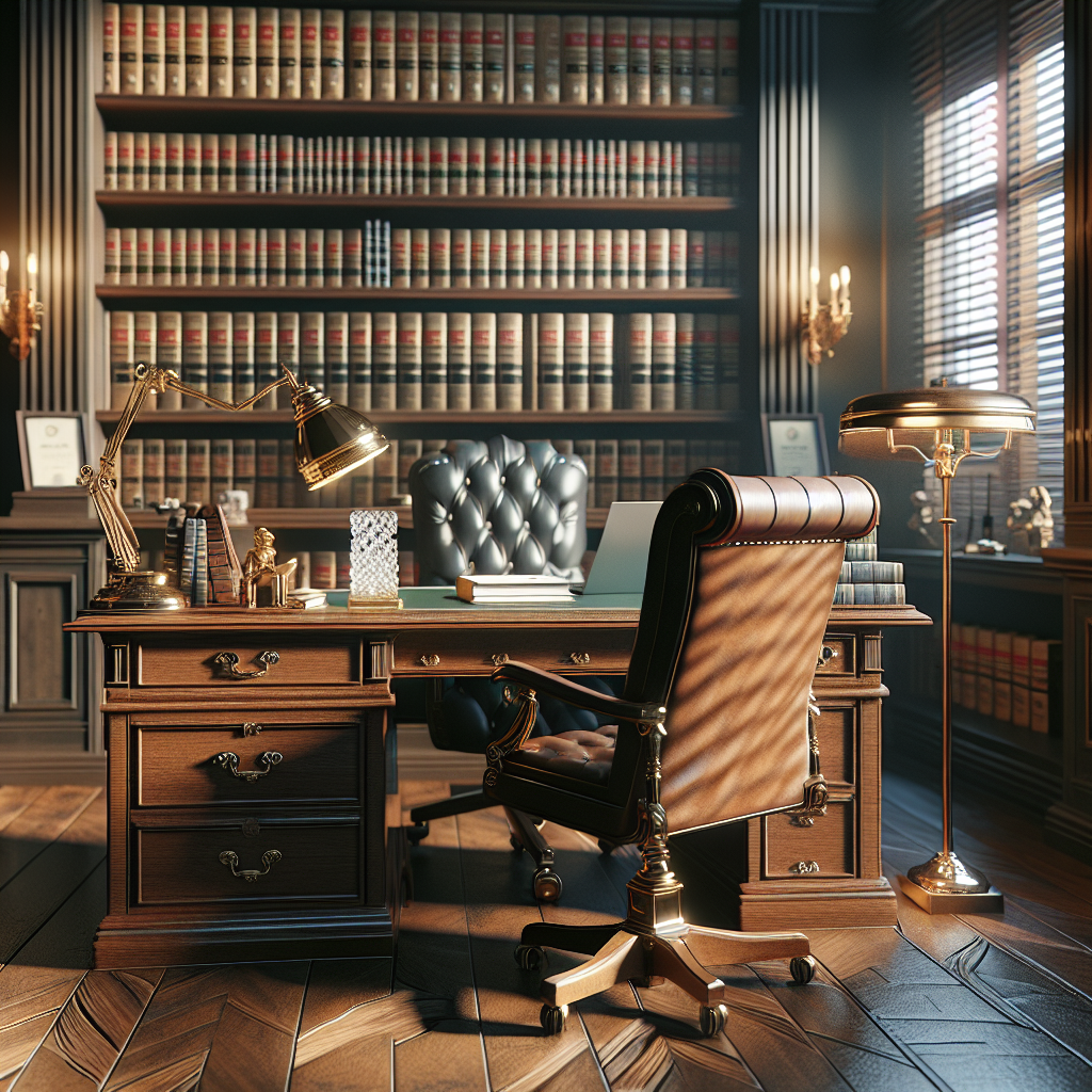 Image générée par IA - Un bureau d'avocat élégant avec bibliothèque de li...