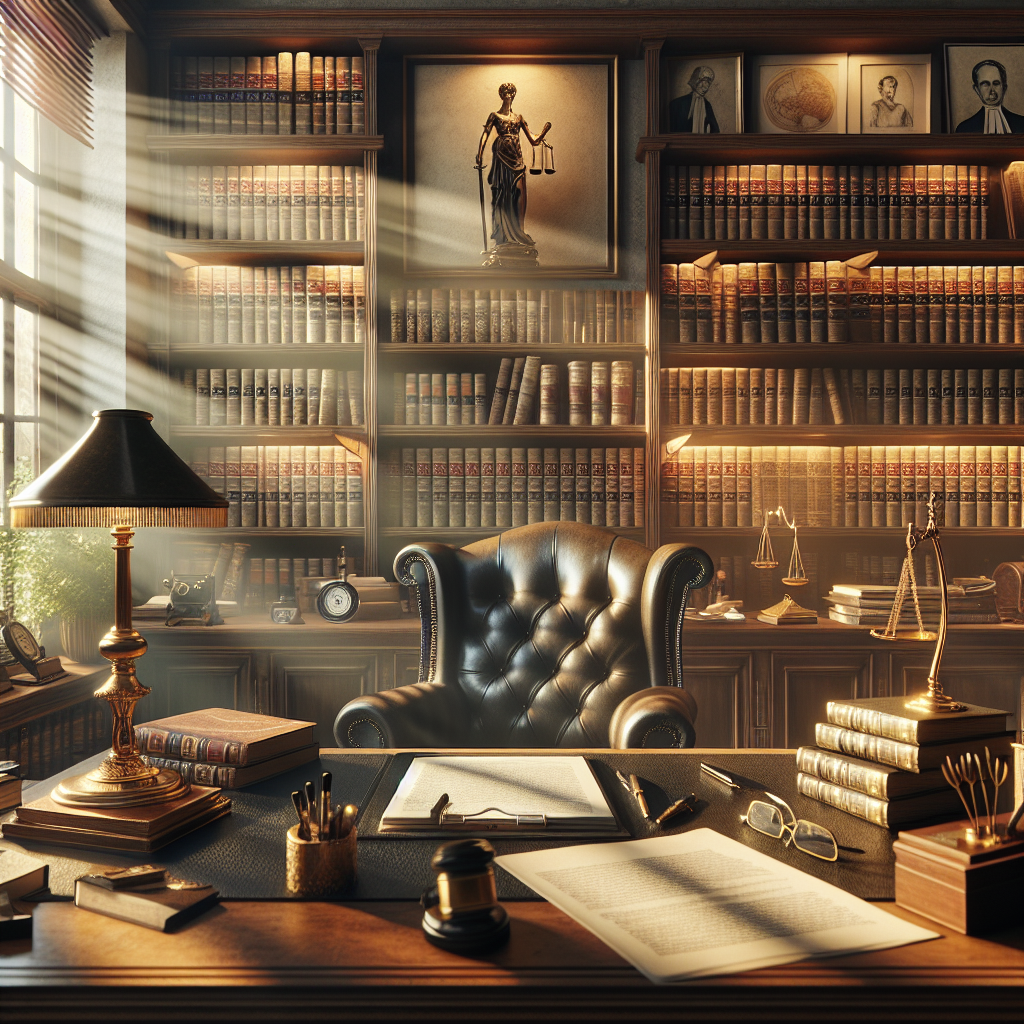 Image générée par IA - Un bureau d'avocat élégant avec bibliothèque de li...